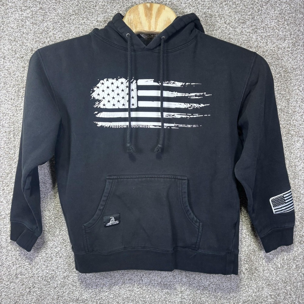 Freedom Industries Hoodie Mens Medium Black USA Flag Fleece Pullover Sweatshirt